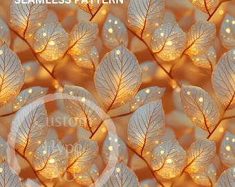 Delicate Golden Leaves with Dew and Light Seamless Pattern - Sublimation and Print - 300dpi PNG - leaves pattern, Mother's Day design PNG
