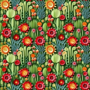 May include: A seamless pattern featuring a variety of colourful flowers, leaves, and ferns. The design is created using a paper cut-out style, giving it a three-dimensional effect. The colours are vibrant and bold, with shades of red, orange, yellow, green, and blue.