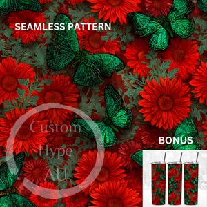 Könnte beinhalten: Nahtloses Muster mit grünen Schmetterlingen und roten Blumen auf dunkelrotem Hintergrund. Die Wörter "SEAMLESS PATTERN" und "BONUS" sind sichtbar. Das Bild enthält eine Vorschau von drei Bechern mit einem ähnlichen floralen Design.