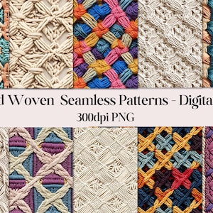 以下が含まれることがあります： 手織りのテクスチャを様々な色（白、青、オレンジ、ピンク、紫など）で表現した、シームレスなデジタルペーパーパターン10種類。パターンは300dpiのPNGファイルです。