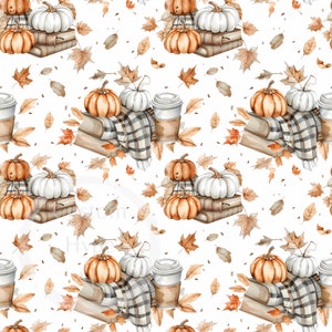 May include: A seamless pattern featuring a cozy autumn scene with pumpkins, books, a plaid scarf, and a cup of coffee. The pumpkins are orange and white, and the books are brown. The background is white with scattered brown leaves.
