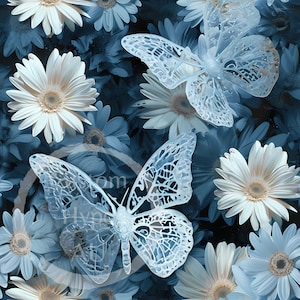 Farfalle in pizzo 3D su motivo floreale digitale senza soluzione di continuità per sublimazione e stampa - file PNG piastrellati e non piastrellati a 300 dpi - motivo in tessuto