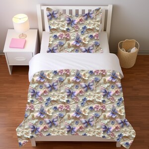 May include: A white and cream duvet cover with a floral pattern featuring pink and purple butterflies. The duvet cover has a white background with a 3D embossed effect.