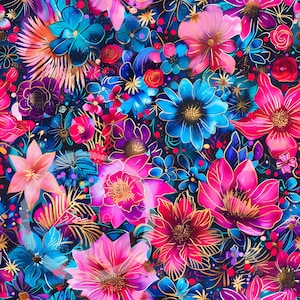 Może przedstawiać: Żywy wzór kwiatowy z różowymi, niebieskimi i złotymi kwiatami na ciemnoniebieskim tle. Kwiaty są namalowane w stylu akwarelowym i mają błyszczący efekt.