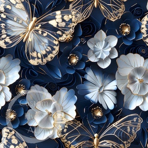 Modello 3D senza cuciture - Eleganti farfalle dorate su floreale blu scuro - Sublimazione e stampa - 300dpi - Regalo per lei, Arredamento per la casa, Stampa su tessuto