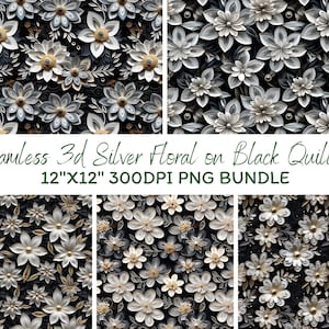 May include: A seamless pattern of silver 3D flowers on a black background. The flowers are made of paper and have a quilled design. The pattern is 12 inches by 12 inches and 300 DPI.