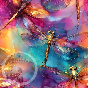 May include: A seamless pattern featuring colourful abstract watercolour backgrounds with iridescent dragonfly illustrations. The dragonflies have gold accents and are flying in different directions.