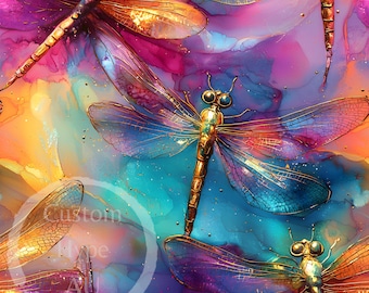 Gold Dragonflies on Alcohol Ink Rainbow Background Seamless Pattern - Sublimation and Print - 300dpi PNG - alcohol ink design, dragonfly PNG