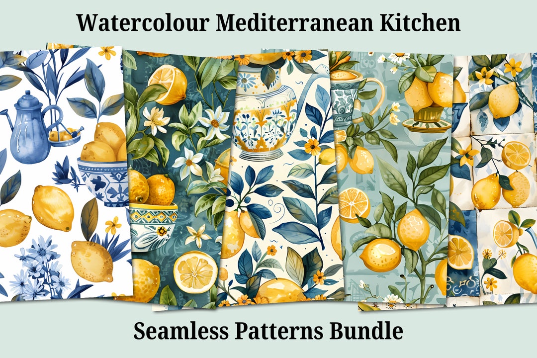 Mediterranean Seamless Patterns Bundle, Watercolour Lemons, Summer ...