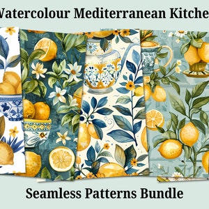 Mediterranean Seamless Patterns Bundle, Watercolour Lemons, Summer Kitchen Patterns - 300dpi PNG  - home decor, fabric print - comm. use