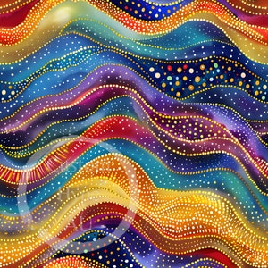 May include: Abstract art print featuring a colorful, wavy pattern with gold dots and lines. The background is a blend of blue, purple, red, and yellow.