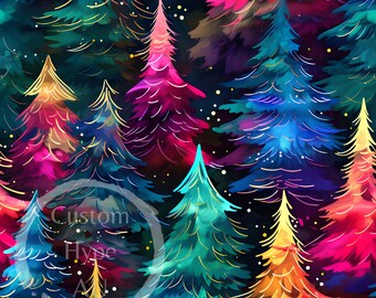 Multi-Coloured Alcohol Ink Christmas Trees Seamless Pattern - Sublimation and Print - 300dpi PNG - Christmas paper, decorations, home decor