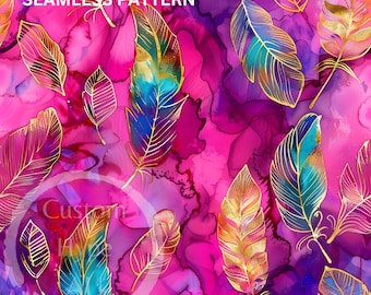 Vibrant and Colourful Alcohol Ink Feathers Seamless Pattern - Sublimation and Print - 300dpi PNG - feather design, Gift for her design, PNG
