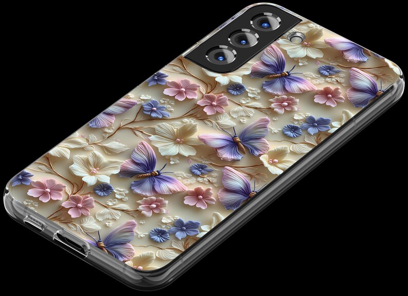 May include: A clear phone case with a floral design featuring butterflies and flowers in shades of pink, purple, and white.