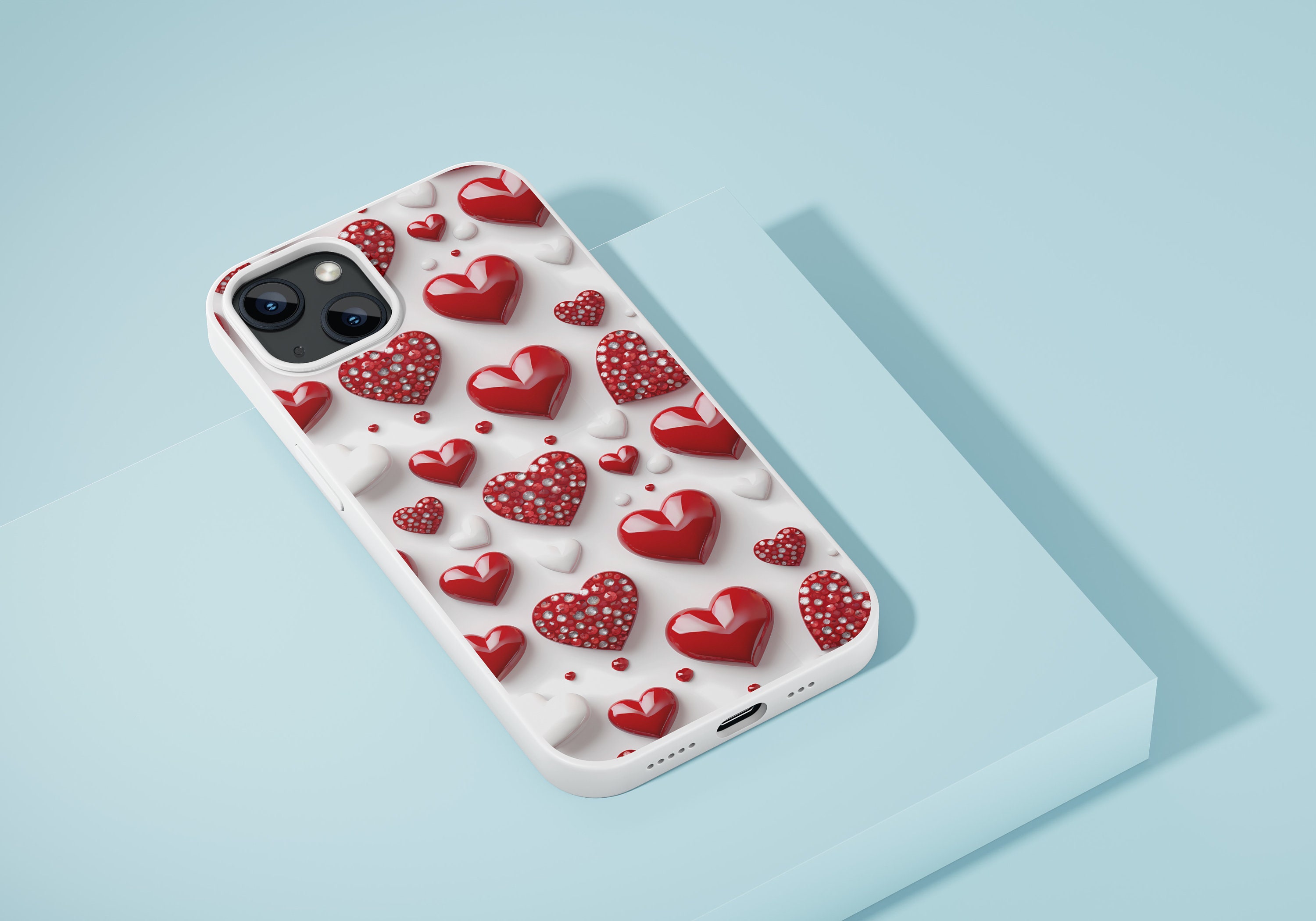 Cute 3d Red & White Love Hearts With Bling - Seamless Pattern for ...