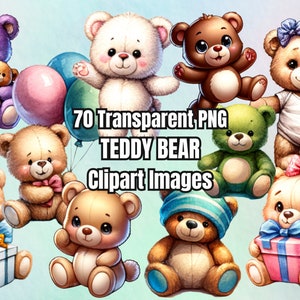 Pode incluir: Uma coleção de imagens clipart de ursinhos de pelúcia coloridos. Os ursos estão em várias poses, alguns segurando balões ou presentes. A imagem inclui o texto "70 Transparent PNG TEDDY BEAR Clipart Images."