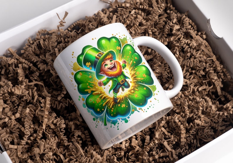 May include: White ceramic mug with a green four-leaf clover design. A cartoon leprechaun wearing a green hat and holding a pot of gold is jumping out of the clover.