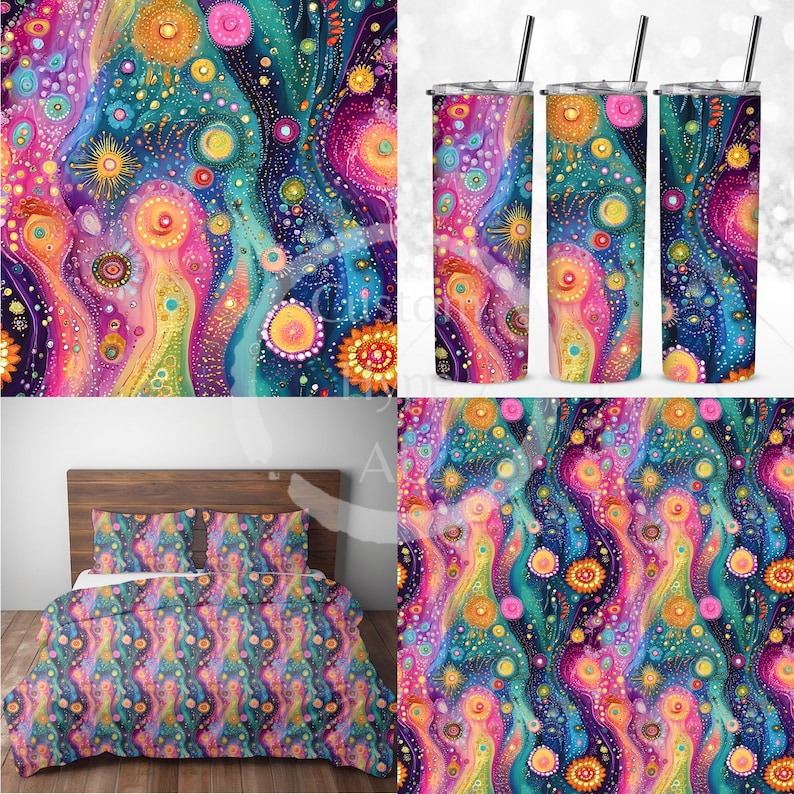 May include: A colorful abstract pattern with swirls, dots, and stars in shades of pink, blue, green, yellow, and orange. The pattern is repeated on a duvet cover, two pillowcases, and three tumblers.