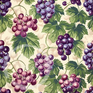 May include: A seamless pattern featuring bunches of purple and pink grapes with green leaves on a cream background.