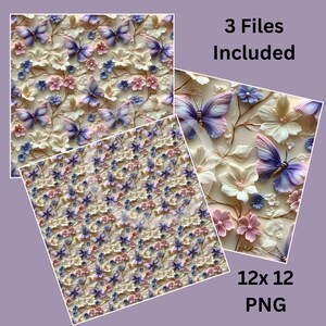 May include: A digital paper pack with three 12x12 inch PNG files featuring a seamless pattern of purple and white butterflies and flowers on a cream background.