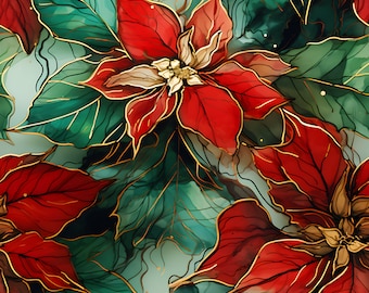 Alcohol Ink Christmas Poinsettia Floral Seamless Pattern - Sublimation and Print ready - 300 dpi PNG in PDF - Commercial use