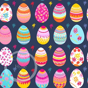 Può includere: Un motivo ripetuto di uova di Pasqua colorate su uno sfondo blu scuro. Le uova sono decorate con vari disegni, tra cui fiori, strisce e forme astratte. La tavolozza dei colori comprende rosa, giallo, arancione e blu.