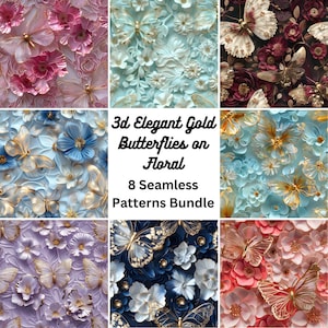 May include: Eight seamless digital paper patterns featuring 3D gold butterflies on a floral background. The patterns are in various colors, including pink, blue, purple, and green.