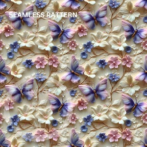 May include: A seamless pattern featuring a white background with 3D flowers and butterflies. The flowers are in shades of pink, white, and blue. The butterflies are purple and blue with gold accents. The pattern is perfect for fabric, wallpaper, or other decorative projects.