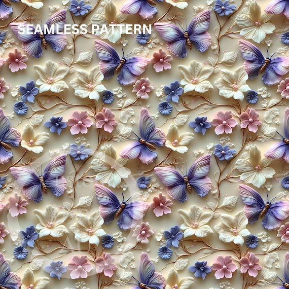 Beautiful 3d Butterflies and Flowers Seamless Pattern - Sublimation and Print - 300dpi PNG - 3d pattern, butterflies & flowers, Mother's Day