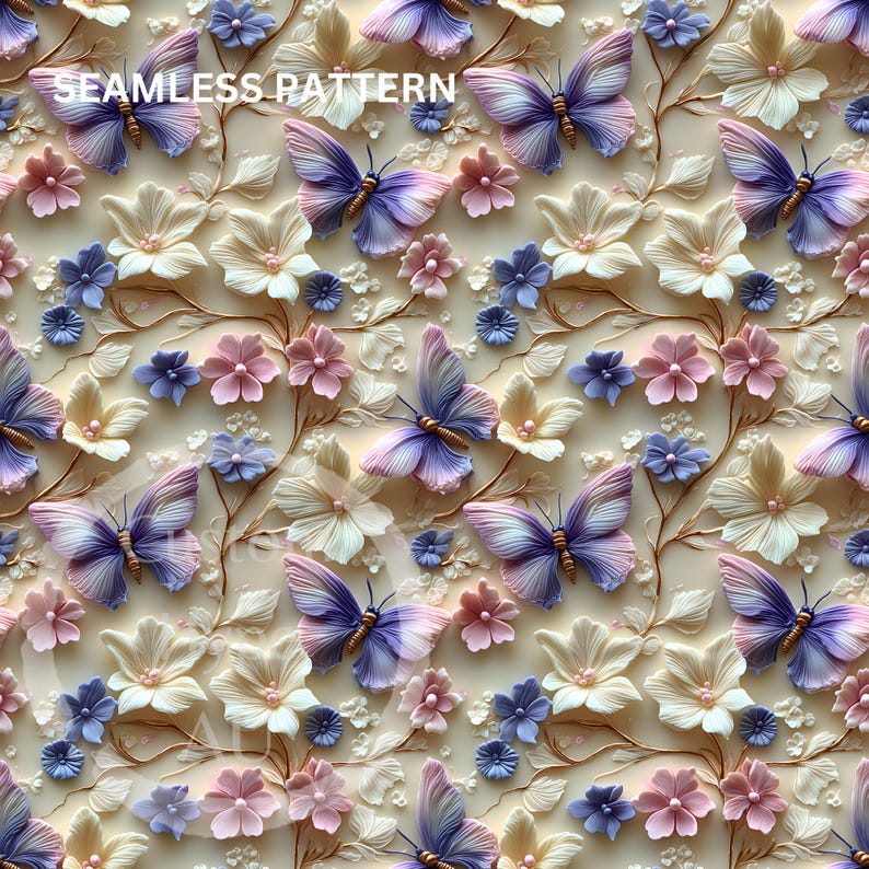 May include: A seamless pattern featuring a white background with 3D flowers and butterflies. The flowers are in shades of pink, white, and blue. The butterflies are purple and blue with gold accents. The pattern is perfect for fabric, wallpaper, or other decorative projects.