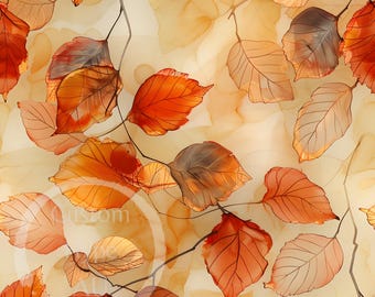 Copper and Gold Alcohol Ink Leaves Seamless Pattern - Sublimation and Print - 300dpi PNG - Fall design, Thanksgiving background, home decor