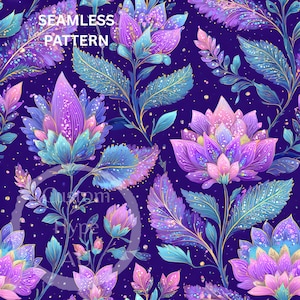 May include: A seamless pattern with stylised floral designs in purple, blue, and pink hues on a dark blue backdrop. The image includes the text "SEAMLESS PATTERN". The flowers and leaves have a detailed, iridescent appearance.