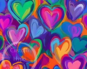 Patrón sin costuras de corazones pintados de varios colores vibrantes - Sublimación e impresión - PNG de 300 ppp - Día de San Valentín, aniversario, regalo para ella PNG
