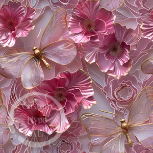 3d Seamless Pattern - Elegant Gold Butterflies on Pink Floral - Sublimation & Print - 300dpi PNG - wedding pattern, stationery, gift 4 her