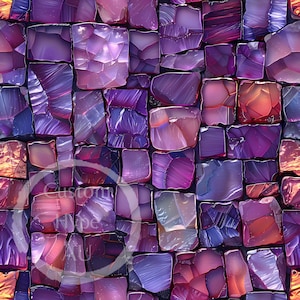 May include: A seamless pattern of purple, pink and red mosaic tiles. The tiles are arranged in a random pattern and have a textured, iridescent finish.