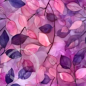 May include: Abstract watercolour painting featuring pink and purple leaves on a light purple background. The leaves are translucent and overlapping, creating a layered effect.