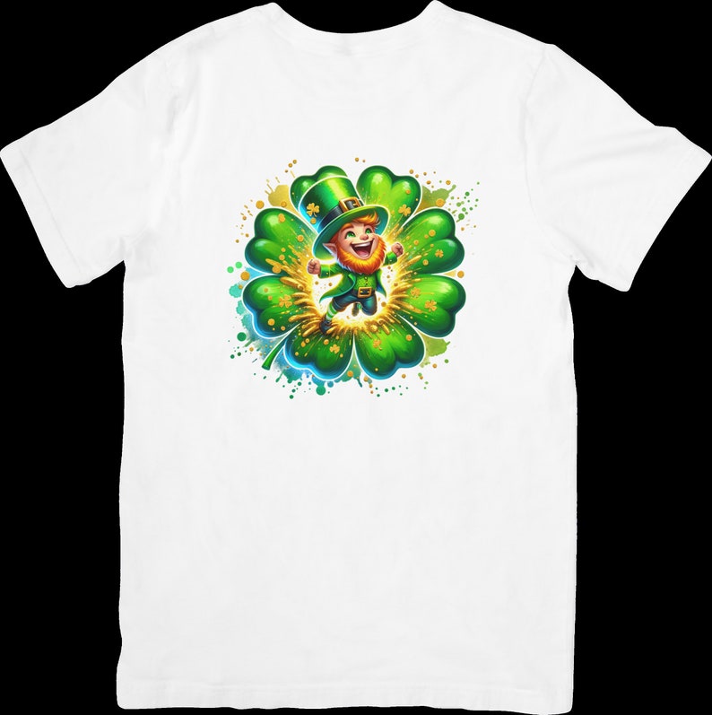 May include: White t-shirt with a green four-leaf clover and a cartoon leprechaun wearing a green hat and holding a pot of gold.