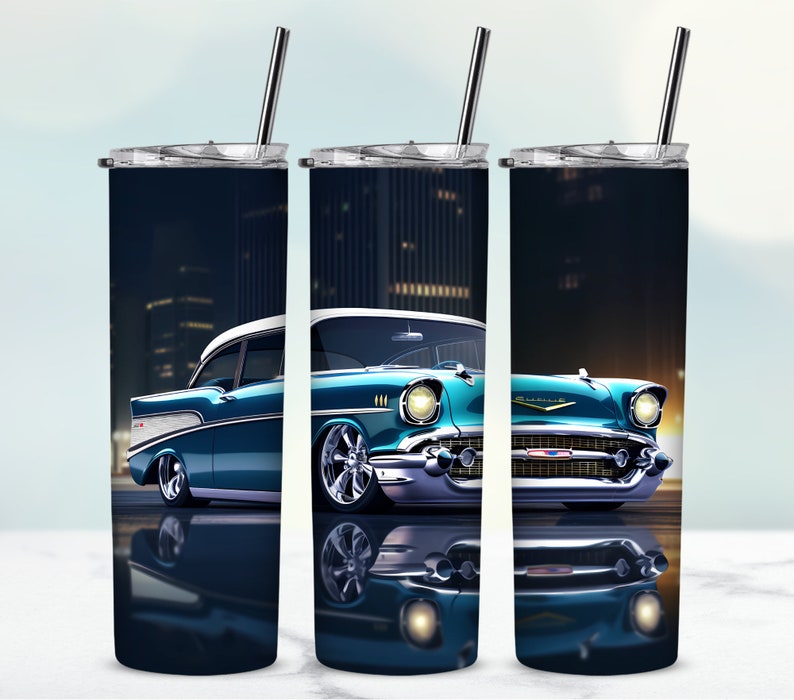 May include: A teal blue 1957 Chevrolet Bel Air classic car with chrome accents and whitewall tires is reflected in a dark blue background. The car is in front of a city skyline at night.
