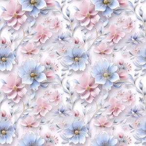 May include: A seamless pattern featuring delicate pink and blue flowers with gold accents on a white background. The flowers are arranged in a repeating pattern, creating a beautiful and elegant design.