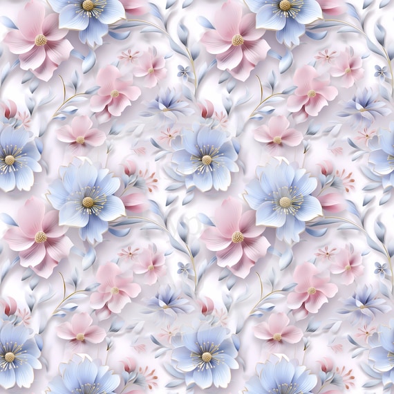 Seamless Pattern - Delicate Pink & Blue Soft Pastel Floral - Sublimation and Print - fabric print, vintage, cottage, gift for her - 300dpi