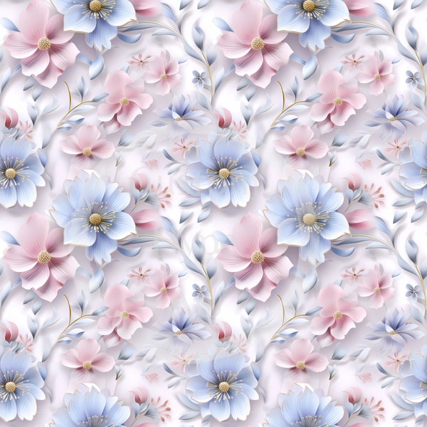 Seamless Pattern - Delicate Pink & Blue Soft Pastel Floral - Sublimation and Print - fabric print, vintage, cottage, gift for her - 300dpi