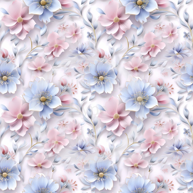 May include: A seamless pattern featuring delicate pink and blue flowers with gold accents on a white background. The flowers are arranged in a repeating pattern, creating a beautiful and elegant design.
