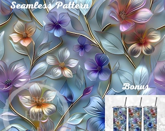 Puede incluir: Patrón sin costuras con un diseño floral con flores iridiscentes azules, rosas y moradas sobre un fondo azul claro. El patrón está acentuado con detalles de pan de oro. La imagen también incluye tres vasos de bonificación con el mismo diseño floral.