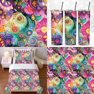 May include: A colorful, abstract pattern with swirls, circles, and flowers in shades of pink, purple, teal, and gold. The pattern is repeated on a bedspread, pillow, and three tumblers.