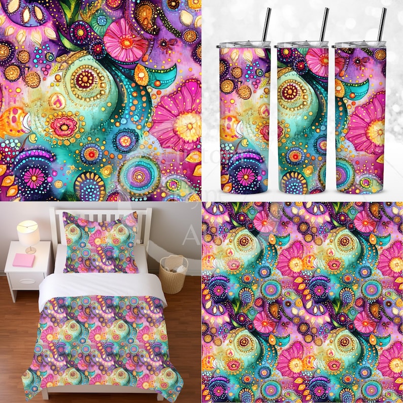 May include: A colorful, abstract pattern with swirls, circles, and flowers in shades of pink, purple, teal, and gold. The pattern is repeated on a bedspread, pillow, and three tumblers.