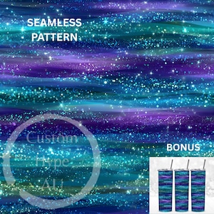 May include: Seamless pattern design in shades of blue, teal, and purple with sparkling accents. The image includes the text "SEAMLESS PATTERN", "Custom Type AU", and "BONUS". The bonus image shows three tumblers with the same pattern.