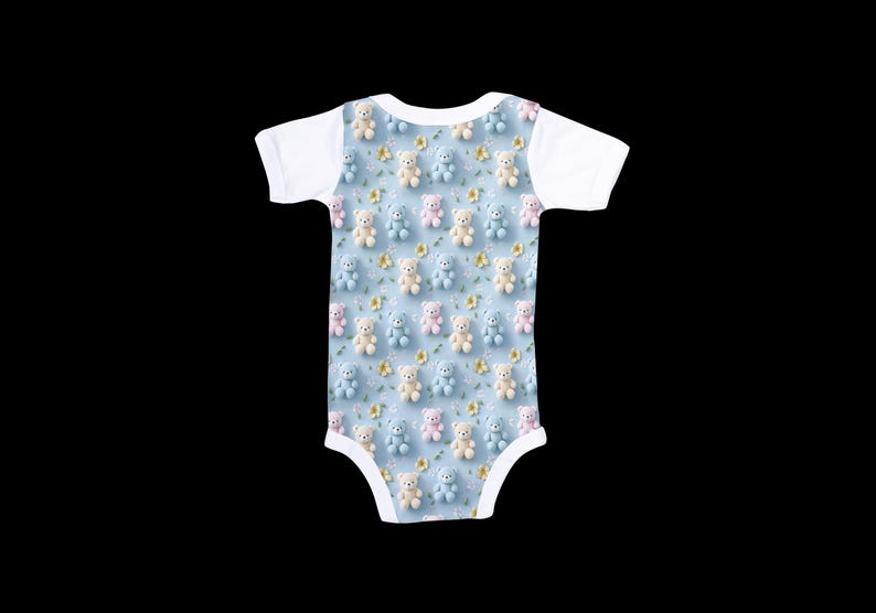 May include: Baby bodysuit with a pattern of small teddy bears in pastel colors on a light blue background. The bears are pink, blue, and cream-colored, with small yellow flower accents. The sleeves and neckline are white.
