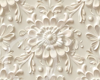 Könnte beinhalten: Ein weißes, dreidimensionales Blumenmuster mit erhabenem, strukturiertem Design. Das Muster besteht aus Blumen, Blättern und Spiralen. Der Hintergrund ist hellcremefarben.