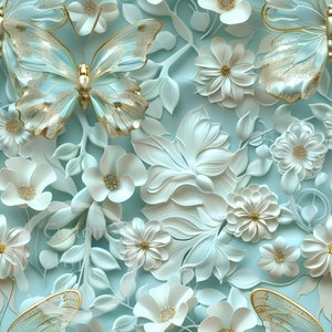 May include: A seamless pattern featuring white 3D paper flowers and gold butterflies on a light blue background. The flowers are in various shapes and sizes, and the butterflies have delicate wings.