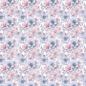 May include: A seamless pattern featuring pink and blue flowers with white outlines on a white background.